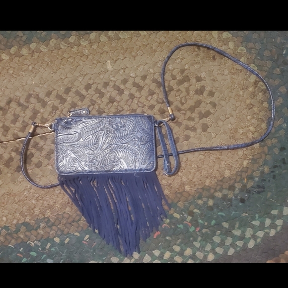 Free People Blue Embossed Fringe Bag. - Picture 4 of 14